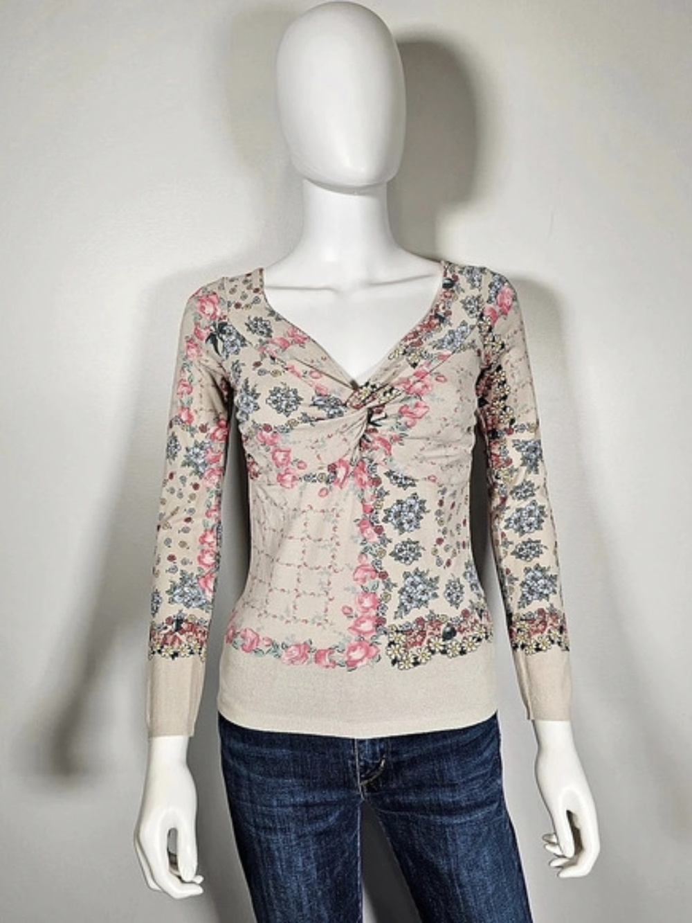 Anna Molinari Floral Twist-Front Blouse in Beige & Pink Floral Sz M